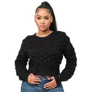 Black Textured Bubble Knit Crop Sweater